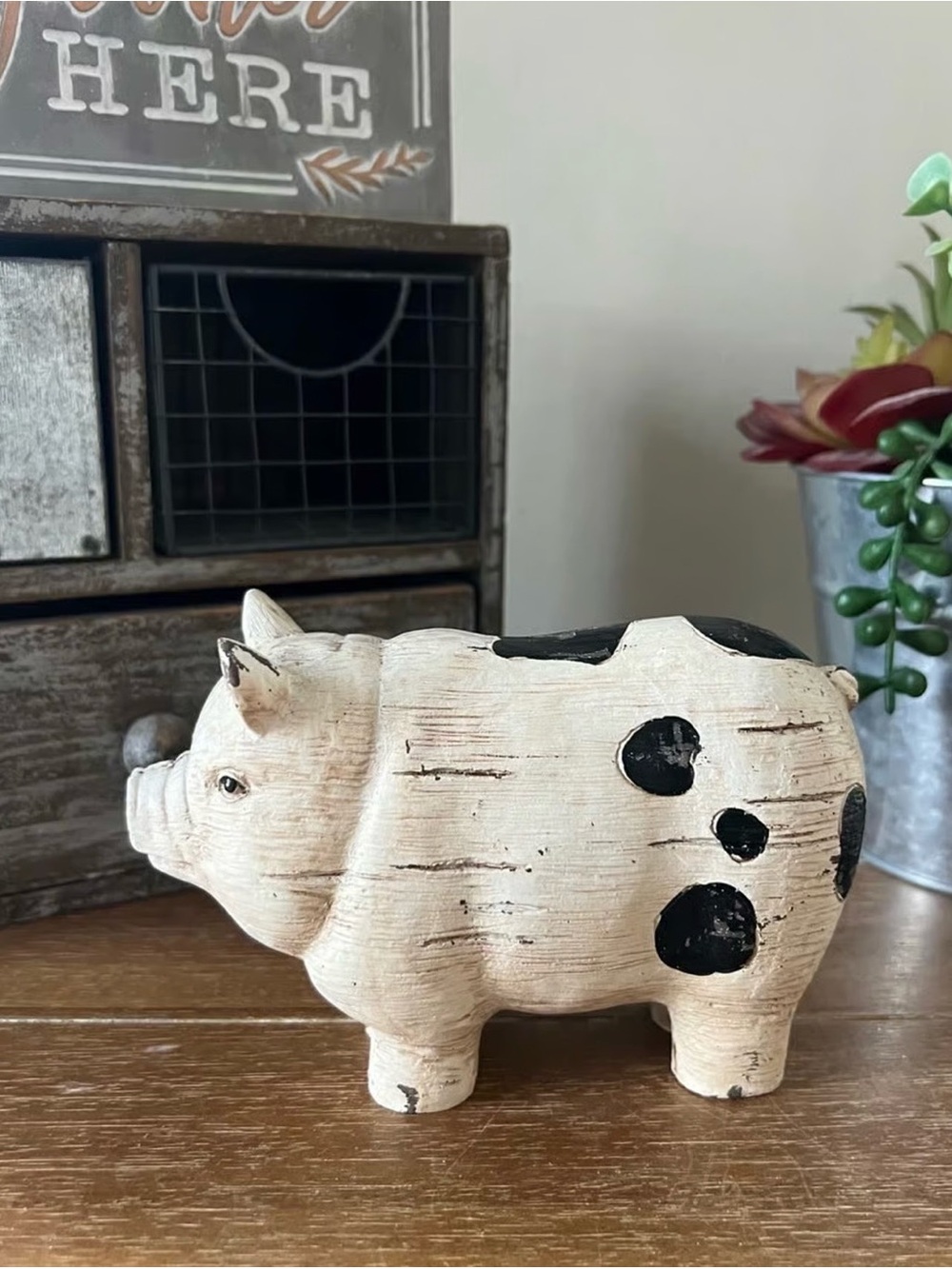 Rustic Farmhouse Pig With Black Spots Figurine